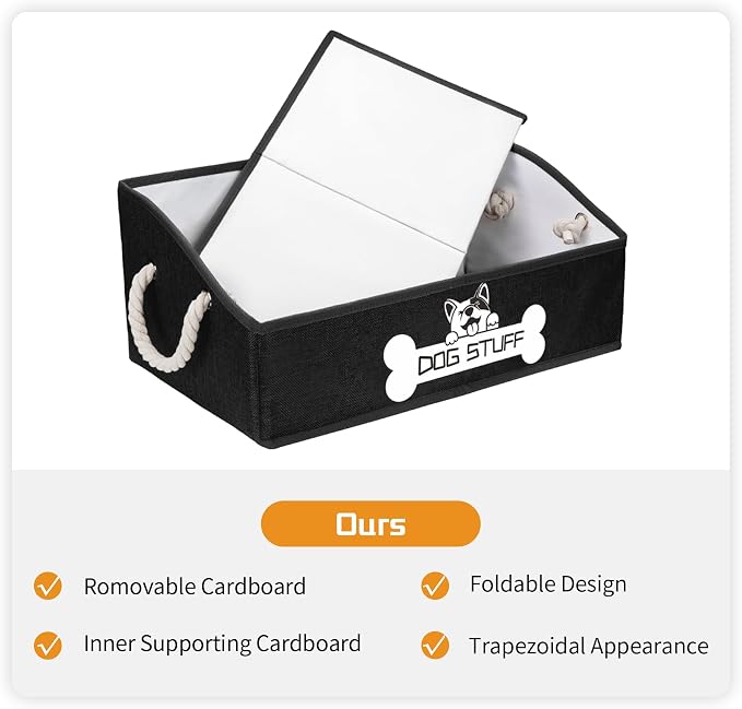 Dog Toy Basket, Storage Bin, Collapsible Box for Pet Accessories | Fabric Container With Handle, Trapezoid Holder for Small Medium dogs, Organizer for Living Room, Black