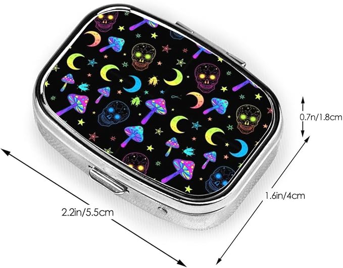 2 Compartments Travel Pill Organizer Daily Pill Case Goth Moon Mushrooms and Human Skulls Small Pill Box for Pocket Purse Portable Pill Container Medicine Vitamin Organizer