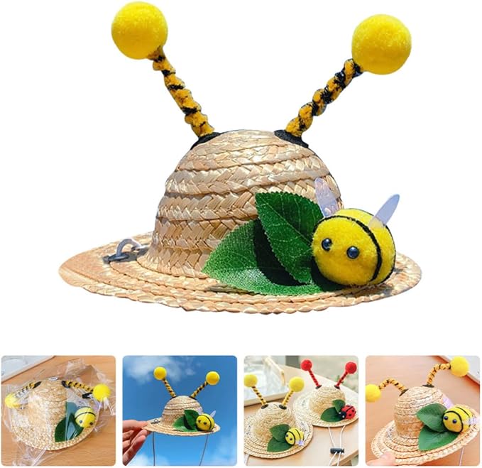 Bee Shape Dog Hat for Summer Made of Wheat Straw, Comfortable and Creative Pet Decoration Hat for Holidays and Christmas Parties