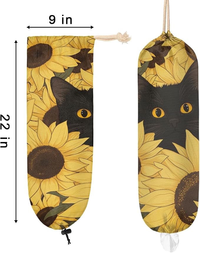 Animal Cat Plastic Bag Holder Yellow Sunflower Grocery Bag Storage Dispenser Washable Hanging Shopping Bags Carrier Reusable Wall Mount Trash Bag Organizer for Kitchen Pantry