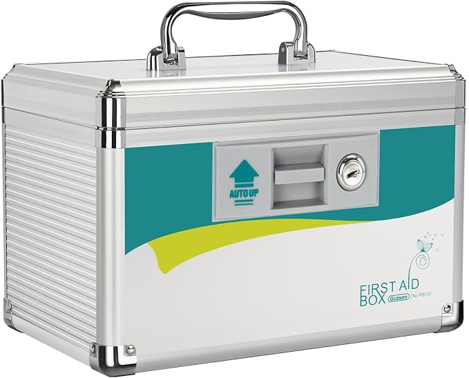 Glosen Medication Lock Box with Key, 2-Layer Medicine Lock Box with Meds Tray, Portable First Aid Box with Handle for Home, Travel(10x6.7x6.7Inch)