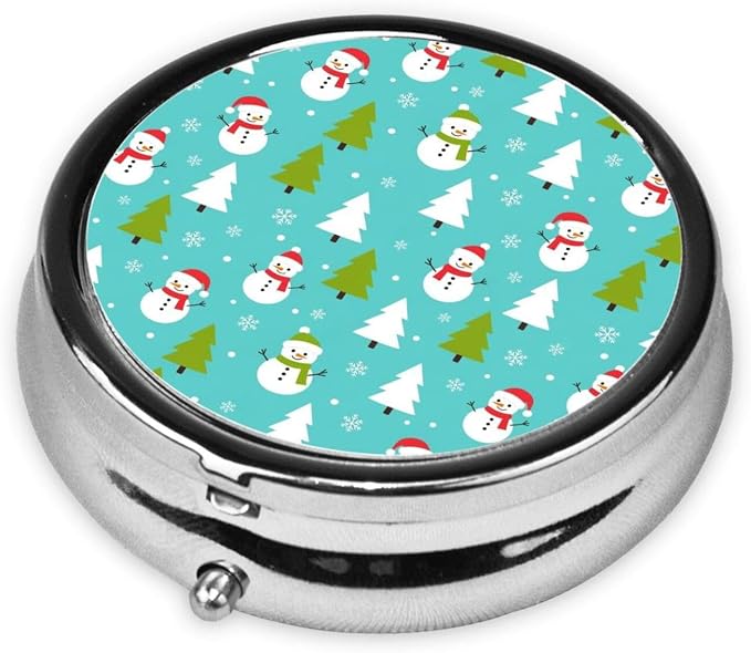 Mini Pill Container, Christmas Cute Snowman Snowflakes Tree Mint Green Round Sturdy Organizer, Portable Holder for Supplements, Travel Pill Case Purse Essential for Gym