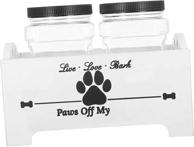 Tofficu Wooden Dog Food Storage Container with Airtight Treat Jars, Household Pet Treat Organizer Box with Dividers, White Wood Crate for Dog Treats and Food Storage