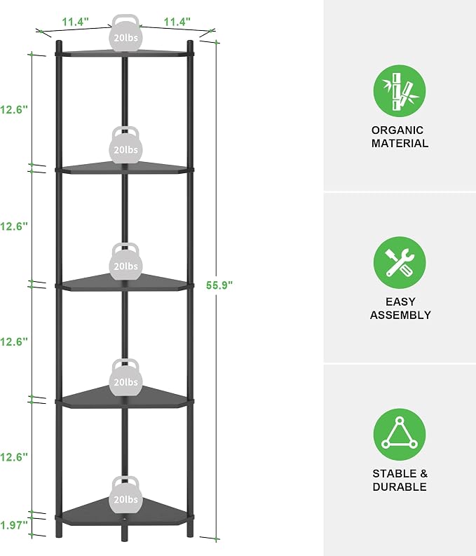 Wisuce Black Tall Corner Shelf Stand, 5-Tier Bamboo Corner Bookshelf | Space-Saving Narrow Corner Shelf | Bathroom Corner Shelf | Shelves for Bedroom, Living Room, Kitchen & Plant Display