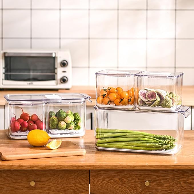 elabo Fridge Fruit Storage Containers, 3 Pack Lettuce Keeper Produce Saver | Large Berry Containers with Lids for Fridge, BPA-Free & Food Grade, Fresh Containers for Vegetables with Removable Drainer