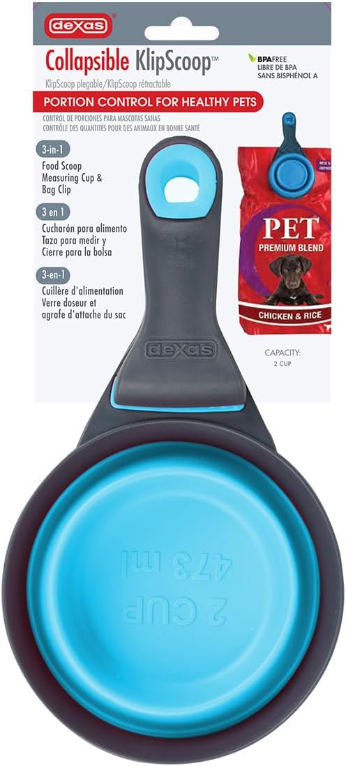 Dexas Popware for Pets Collapsible Klip Scoop, 3-in-1 Pet Food Scoop, Measuring Cup and Bag Clip, 2 Cup Capacity, Blue