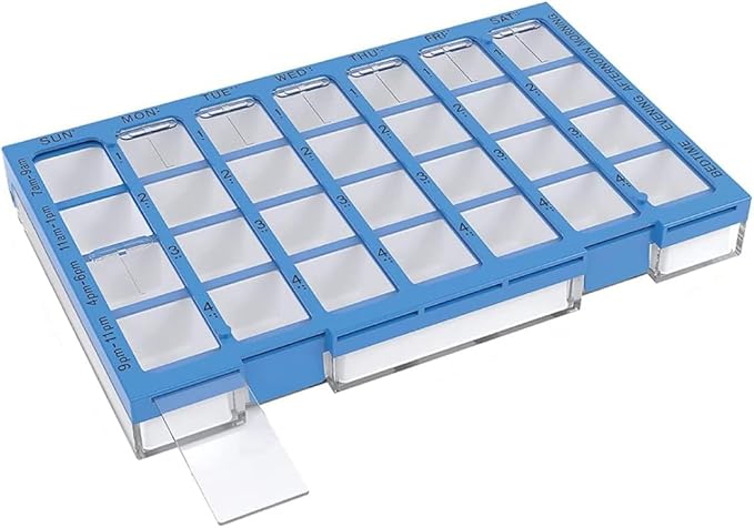 EZY DOSE Weekly AM/PM (7-Day) Daily Practidose Pill Planner, Medicine Case, Vitamin and Supplement Organizer, Large Easy Fill Compartments, 4 Times a Day, 28 Compartments, Clear Lids, Blue, BPA Free