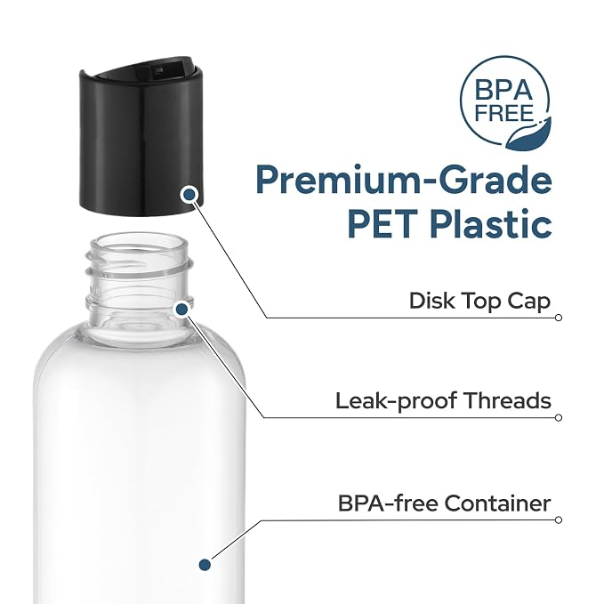 Travel Bottles for Toiletries, 3.4 oz Travel Size Containers, 5pcs, Clear | Squeezable empty plastic bottles, TSA approved, leak proof, with labels, for liquids & shampoo lotion, gym essentials