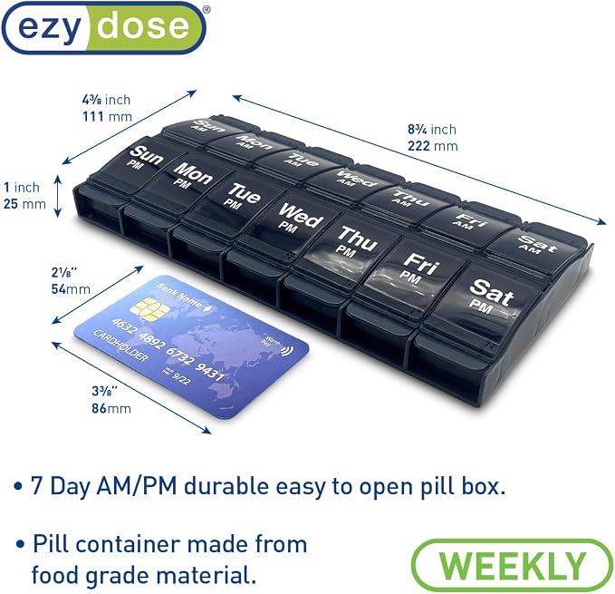 Ezy Dose Weekly (7-Day) AM/PM Pill Organizer, X-Large Medicine Case, Black | Daily Vitamin Box & Supplement Planner, 2 Times a Day Push Button Compartments, Arthritis-Friendly, Travel-Friendly, BPA-Free