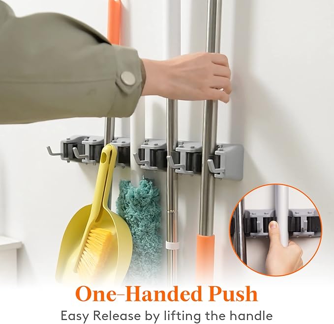 Lifewit Mop and Broom Holder Organizer Wall Hanging Mount, Gray, 1 Pack | Anti-Slip Broom Storage for Cleaning Organizer, Easy Install Tool Hanging Rack with 5 slots & 6 hooks for Kitchen, Garage