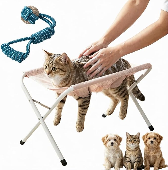 Foldable Pet Bathing Stand, Pet Cat Dog Grooming Hammock with Stand, Dog Nail Trimming Hammock for Bathing Nail Trimming Four Hole Design，Pink