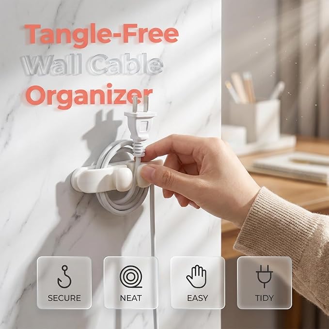 Self-Adhesive Silicone Appliance Cord Organizer Wall Cable Holder，4 | Tangle-Free Design, Universal Wire Clip, Home & Office Use, Fits Thin & Thick Cords, No-Drill Adhesive