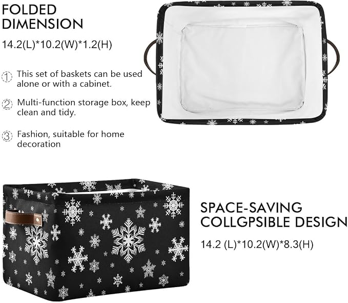 Winter Snowflake Black Storage Basket Fabric Kitchen Baskets Christmas Holiday Open Home Storage Bins Boxes Foldable Organizer Bag for Baby Cloth Xmas Baskets 16×12×8 Inches 2 Pack