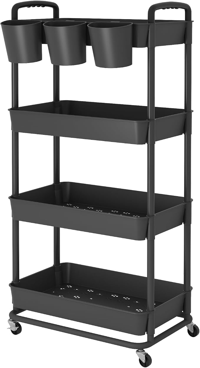 4-Tier Plastic Rolling Storage Cart Utility Cart with Extra Hanging Cups Handles Lockable Wheels for Living Room Bathroom Kitchen Office Black | Utility Cart with Extra Hanging Cups Arc-Shaped Handles Lockable Wheels for Living Room Bathroom Kitchen Of...