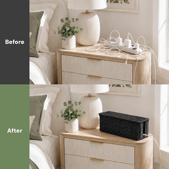 Cable Management Box, Handmade Rattan Cord Organizer for Power Strip | Open Slots Cord Hider for Power Strip, Router & USB Hub, Registered U.S. Design Patent