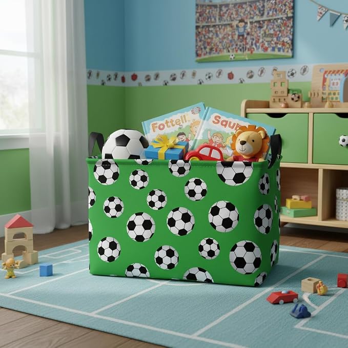 Kid Cute Rectangle Storage Basket Bin, Soccer | Baby Toy Clothes Storage, Nursery Playroom Bedroom Decor