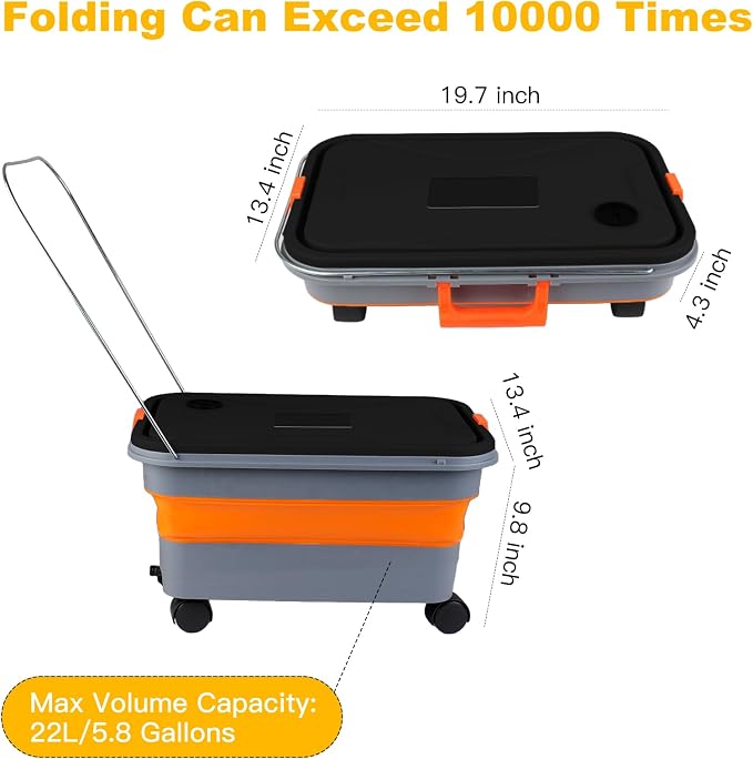 Collapsible Bucket with Wheels and Handle 5.8 Gallon, Drain Plug and Water Outlet, Portable Water Storage Foldable Carts for Mop Cleaning, Camping, RV, Pet Bathing, Fishing, Car Washing