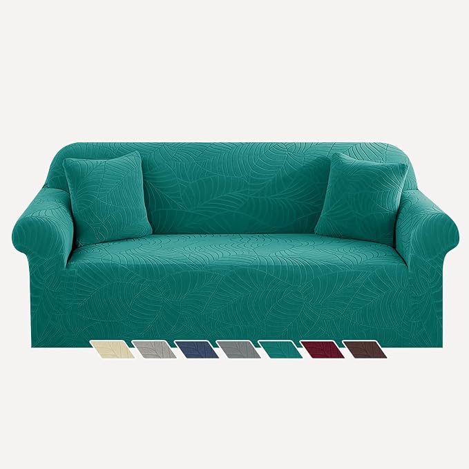 YEMYHOM Couch Cover Latest Jacquard Design High Stretch Sofa Covers for 3 Cushion Couch, Pet Dog Cat Proof Slipcover Non Slip Magic Elastic Furniture Protector (Large, Begonia Leaf Blackish Green)