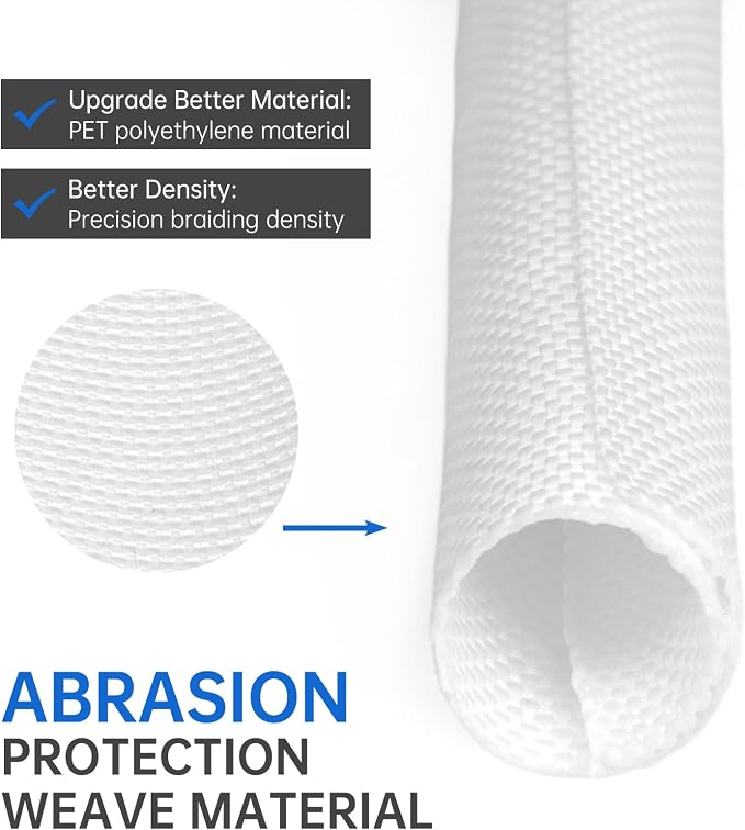 Split Braided Cable Sleeve，Flexible Wire Loom Tubing, Automotive Cord Protector Pet Proof, Cable Management for Computer TV Electric Wires Harness 16ft (White, 13mm（1/2")