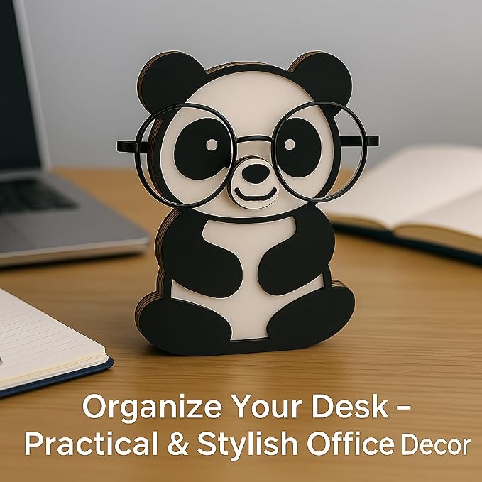 Panda Eyeglass Holder Stand, Wooden Glasses Organizer for Desk Decor | Cute animal glasses holder for eyeglasses and sunglasses, wooden panda desk organizer for nightstand, office or gifting