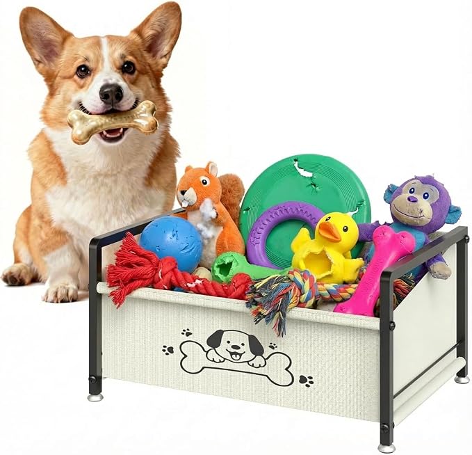 Dog Toy Box for Storage, Metal Frame Oxford Fabric Pet Toy Organizer with Raised Legs, Large Capacity Dog Toy Basket with Front Low Opening, Washable and Durable Design