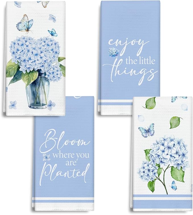 Hydrangea Blue Kitchen Towels and Dishcloths Set of 4, Sweet Home Decorative Hand Towel Drying Cloth for Bathroom Baking, Housewarming Gift for Hostess, Women, 16x24 Inches -08