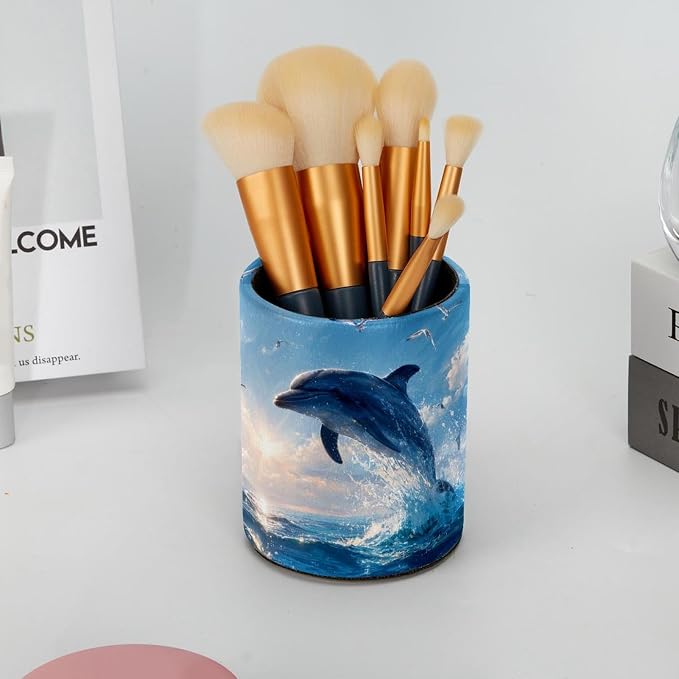 Faux Leather Pen Holder for Desk, Pencil Organizer Dolphin Pen Cup Desk Decor Makeup Brush Holder Storage for Office Home