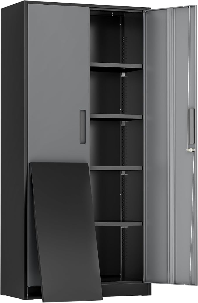 Greenvelly Metal Storage Cabinet,72" Locking Metal Garage Storage Cabinet with Doors and 4 Adjustable Shelves, Lockable Steel Cabinet for Home Office, Garage, Shop, School (Black Grey 32" W x 16" D)