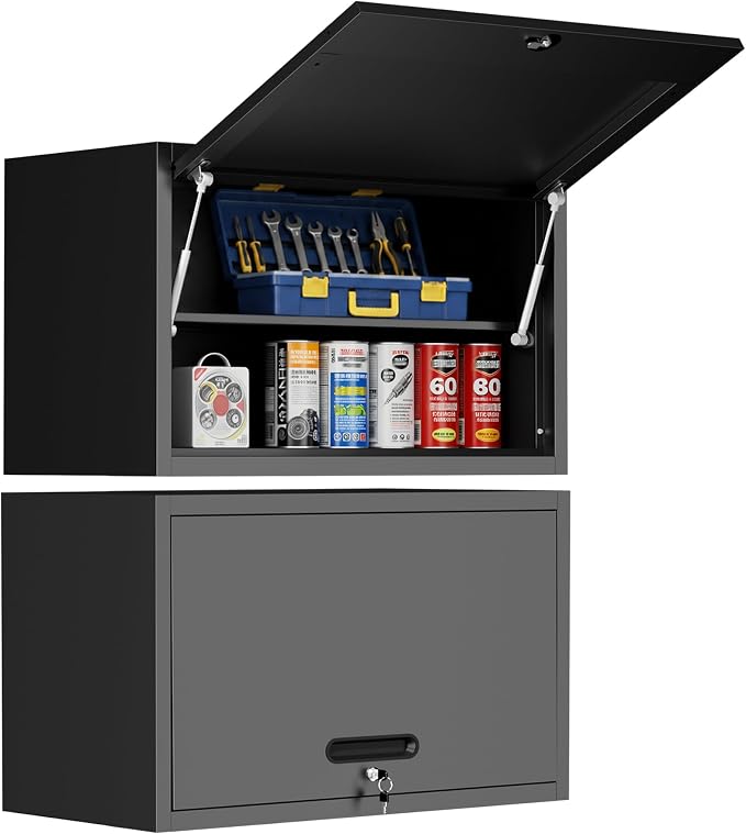 Metal Wall Cabinet with 1 Up-flip Door and 1 Adjustable Shelf | Black Heavy Duty Garage Wall Mounted Storage Cabinets,Tool Cabinets for Garage,Kitchen,Warehouse,Office,Assembly Required