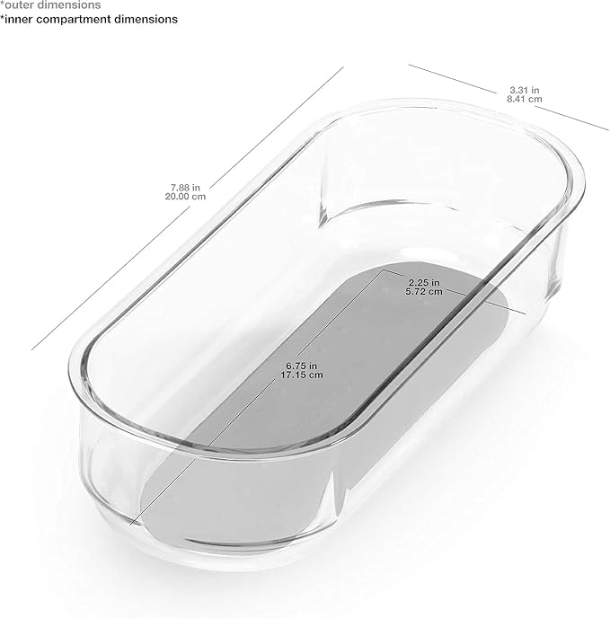 madesmart Clear 8 x 3 Storage Bin, Grey | non slip feet, rounded corners, see through design, open compartment, soft grip lining, utensils tools supplies, woman owned