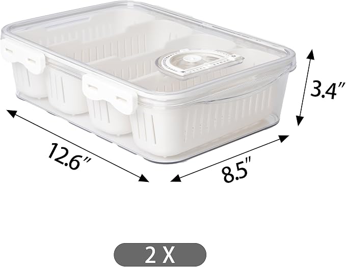 2Pack Poratble Bacon Storage Container for Fridge Divided Snackle Box Charcuterie Container 4 Compartment Serving Veggie Tray with Lid Portable Travel Fruit Caddy for Cheese,Candy,Nuts,Salad