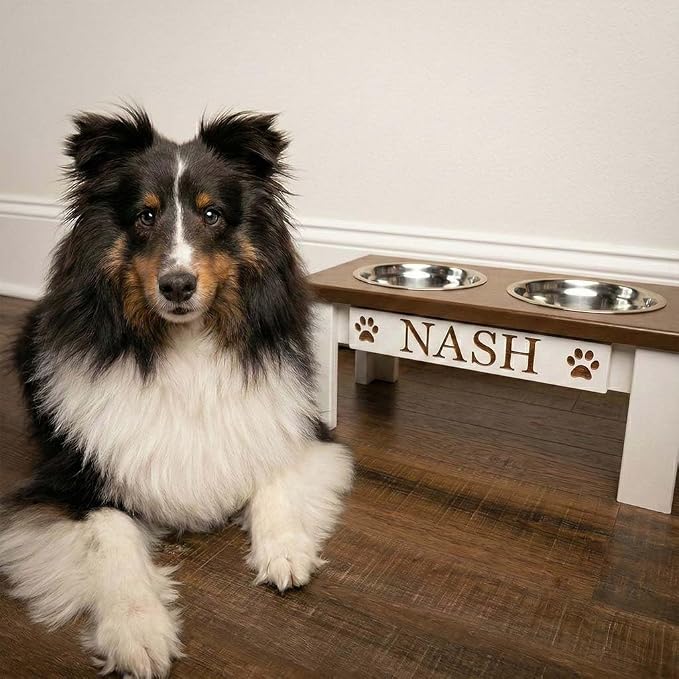 Personalized Dog Bowls Stand for Small Dogs, Wood Elevated Feeding Station | Farmhouse Style, Stainless Steel Dishwasher Safe Bowls, Raised Anti-Slip Feeder, Made in USA