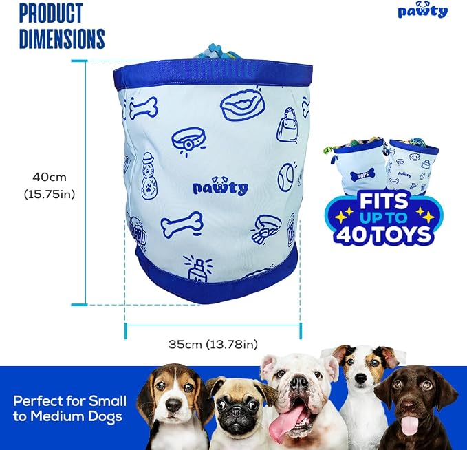 Pawty Reversible Dog Toy Basket – 35L Large Collapsible Fabric Storage Bin with Dog Toys Text – Foldable Pet Toy Box & Organizer for Blankets, Leashes, Living Room – 13.8" x 15.75" (Holds 20+ Toys)