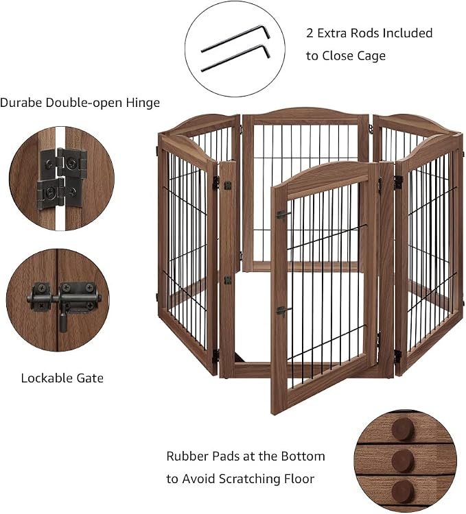 unipaws 132" Extra Wide Dog Gate and Pet Playpen with Walk Through Door | Free Standing Tall Dog Fence, Barriers for Home, Use as Indoor Dogs Cats Pen, Rabbit Pen, Walnut