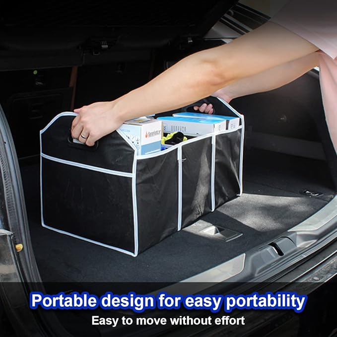 8sanlione Car Trunk Organizer, 3 Compartments, Foldable Storage Bag, Black2 | For sedans, SUVs, vans, woven fabric shell, side grips, light-item sorting, wipe-clean care, automotive interior accessories