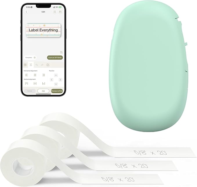 SUPVAN E10 Bluetooth Label Maker Machine with 3 Tapes, Green Bundle | Fits Continuous & Die-Cut Waterproof Label, Easy App Editing, Rechargeable, Inkless, for School, Home, Kitchen, Office