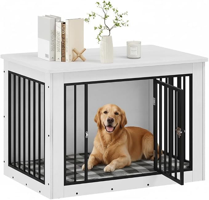 DWVO 38 Inch Dog Crate Furniture Chew-Resistant for Dogs | Dog Kennel Indoor Furniture End Table, Farmhouse Decorative Wooden Cage, Chew-Resistant, White