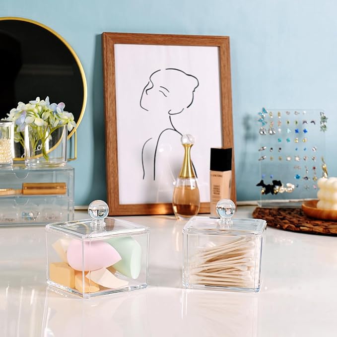 SheeChung Square Acrylic Qtip Holder, 2 Pack Bathroom Canisters with Lids | Apothecary Jars Bathroom Vanity Storage Canister - Shatterproof Organizers for Cotton Swabs, Pads-Modern Minimalist Decor