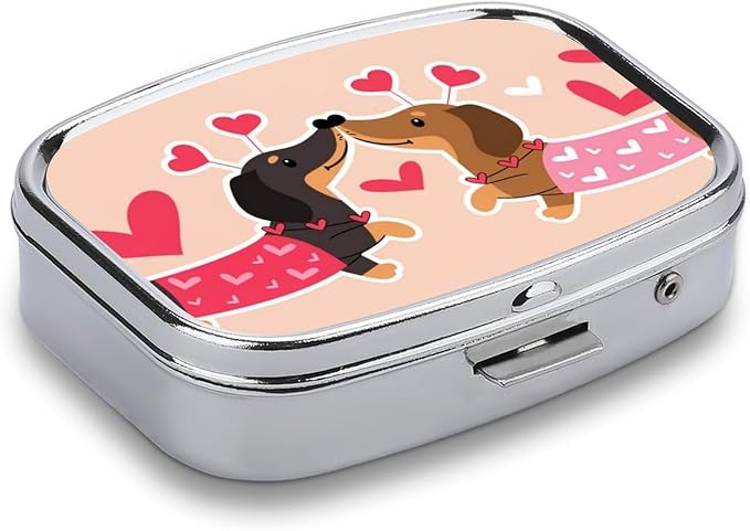 Dachshund Dogs Kiss Heart Durable Metal Pill Case for Daily Use, 2 Slot Medicine Box Organizer,Leak Proof Travel Pill Container for Vitamins, Compact Pocket Medicine Holder for Seniors,Holiday Gift