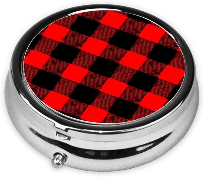 Pocket Medicine Case, Red Black Buffalo Check Plaid Pattern Round Small Organizer, Waterproof Pill Box for Vitamins, Travel Holder Purse Carry for Commute