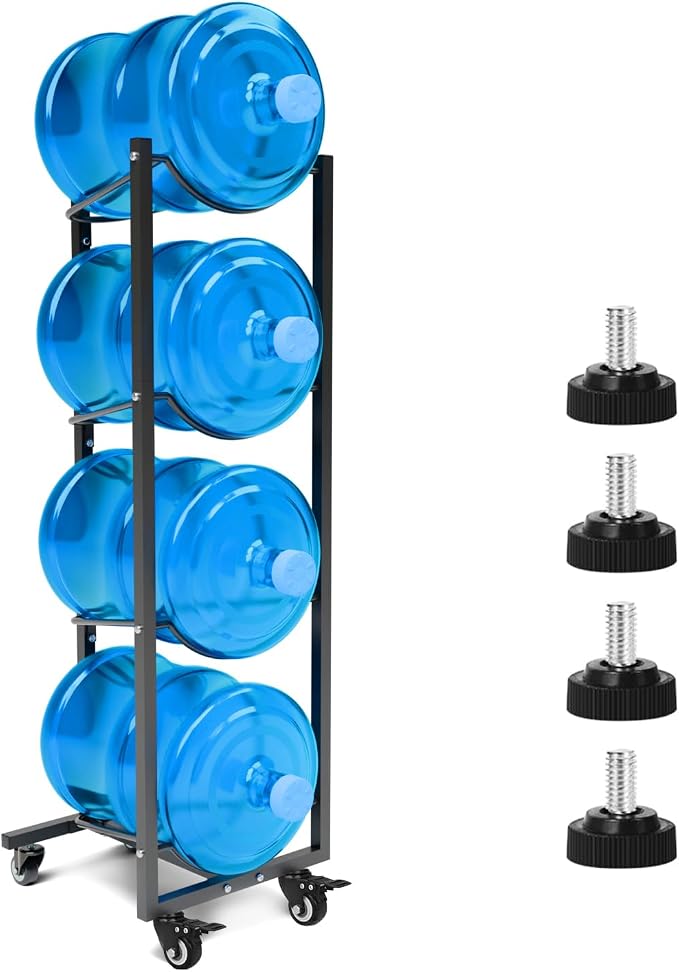 5 Gallon Water Jug Holder with 4 Wheels: 5 Gal Bottle Storage Rack | Movable|Easy to assemble|Heavy Duty Steels|70% Space Saving|Anti-Tip|Stackable|4 Tier|360°Locking Wheels|Home|Kitchen|Garage