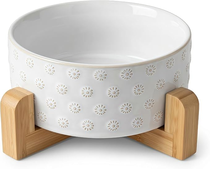 TRUVIC Ceramic Dog Bowl with Wood Stand, Jun Blanc Daisy Relief Dog Food and Water Bowl, 2 Cup/14 oz Puppy Food Bowl for Medium Dogs, Dishwasher Safe, Modern Geometric, Daisy