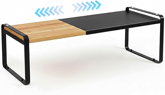 Expandable Bamboo Dish Riser Shelf Riser Stackable Black | Expandable bamboo riser creates cabinet space, while anti-slip legs provide stable support for dishes without wire racks