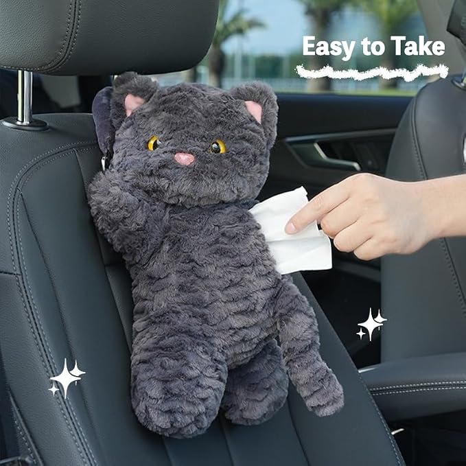 Cute Cat Car Tissue Holder Plush Kitten Paper Box for Backseat Adorable Hanging Organizer & Decor for Women Pet Lovers & Gifts (Black)