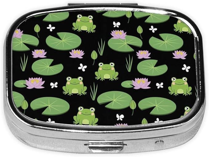 Cute Green Frogs Black Pill Organizer Travel Portable Compact Pill Box 2 Compartments Pill Case for Vitamins/Fish Oil/Meds for Purse Pocket