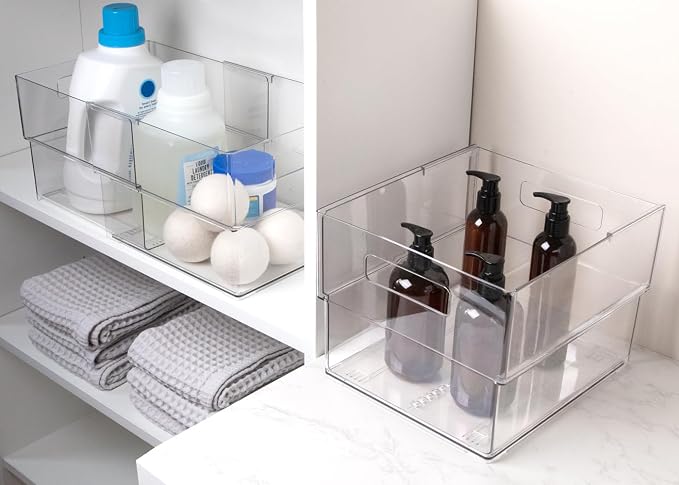 Isaac Jacobs 2-Pack Clear Expandable Storage Bins - Extra Large | 11"-19" L x 10" W x 7.8" H, Plastic Organizer with Cut-Out Handles, Adjustable Length from 11-19" Home, Kitchen & Office