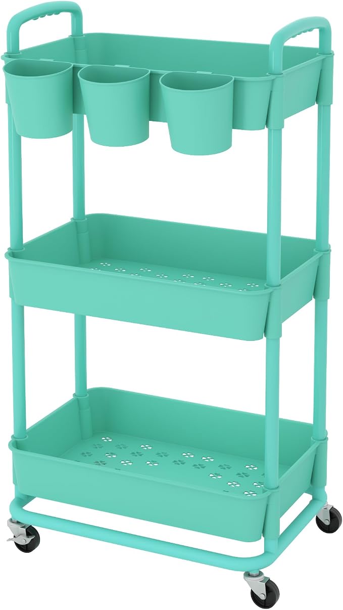 3-Tier Plastic Rolling Storage Cart Utility Cart Green | Utility Cart with Extra Hanging Cups Arc-Shaped Handles Lockable Wheels for Living Room Bathroom Kitchen Office