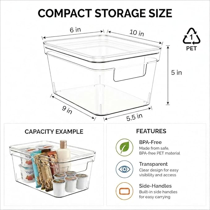 MOONEDGE 8-Pack 10x6x5 Stackable Small Clear Storage Bins with Lids | Plastic small item organizer containers with handles for vanity, craft, office, fridge, kitchen, pantry, bathroom and closet
