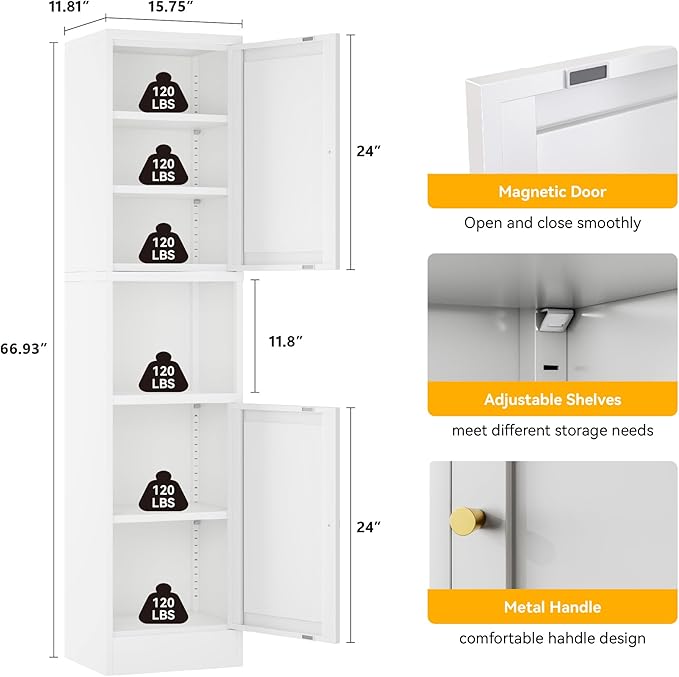 YAUWOH 2-Door Metal Storage Cabinet, Tall Slim Pantry Organizer with 3 Adjustable Shelves (120LBS/Shelf), Anti-Tipping Waterproof Cabinet for Bathroom/Kitchen/Home Office/Small Spaces, (1PC,White)