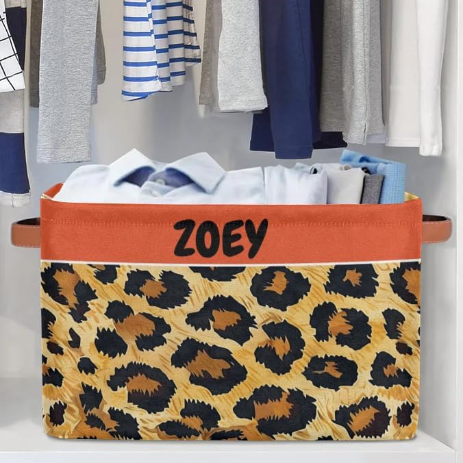 Personalized Storage Bins for Boys, Customized Name Leopard Print Storage Basket Rectangle Clothes Organizer for Organizing Kids and Pets Toys Shelf Closet